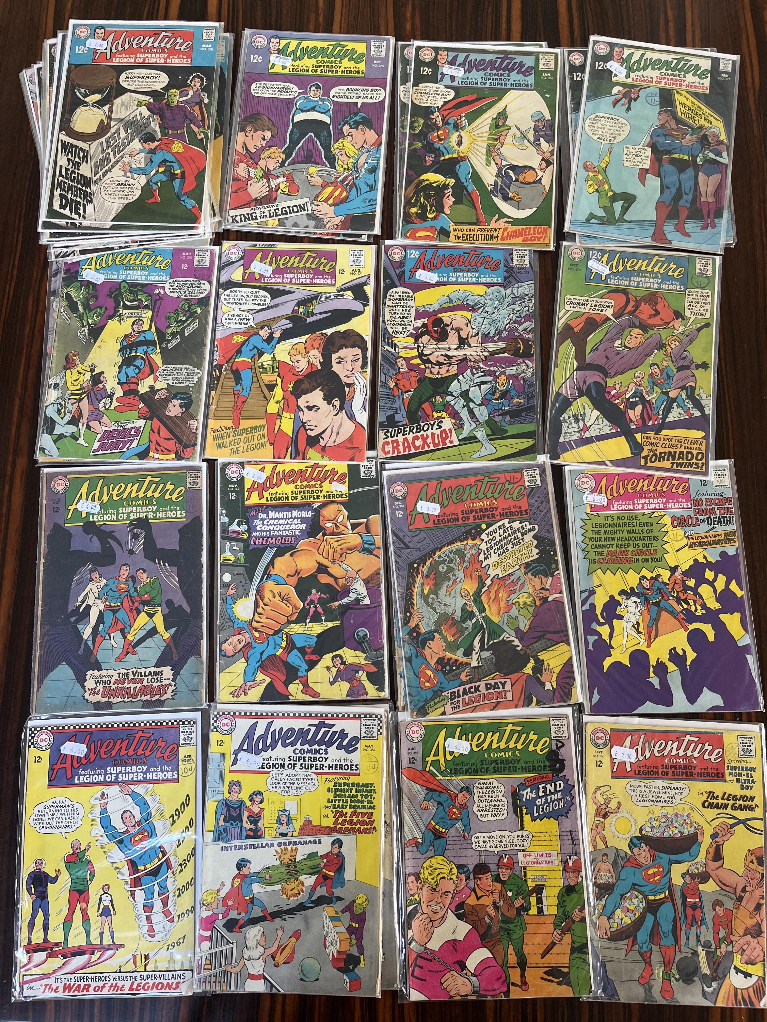 Adventure Comics, DC comics, 1967- 1969, 37 issues between #355–387, comprising, #355 [minor key], #356 x2, #359, #360, #361 [minor key], #362 [minor key], #363 x2, #367 [minor key], #370, #371 [minor key] x2, #372 [mino